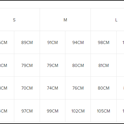 Tabela de tamanhos para tops e casacos com medidas em centímetros para diferentes tamanhos