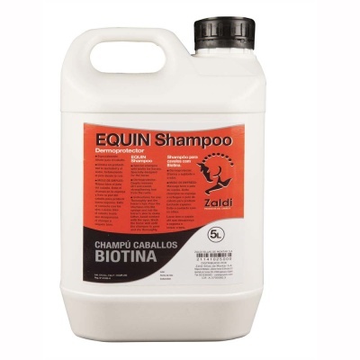 Frasco branco de plástico com champô para cavalos Zaldi com rótulo laranja e preto