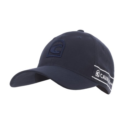 Boné azul escuro com logo bordado e faixa lateral com texto