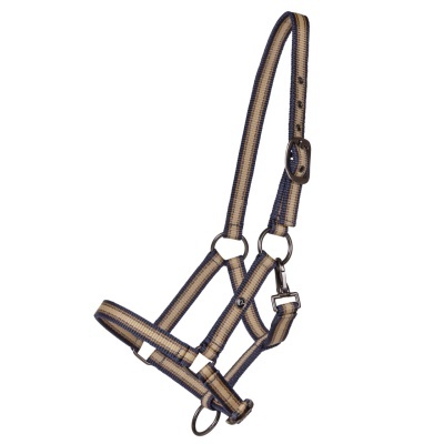 Cabresto para cavalo azul e bege em nylon com fivelas metálicas