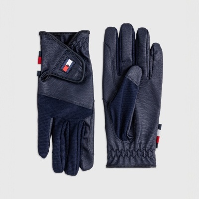 Par de luvas azuis escuras com detalhes coloridos e tecido texturizado