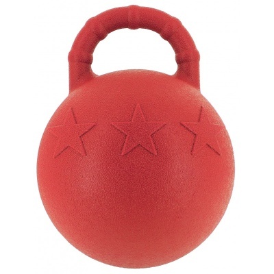 Kettlebell vermelho com relevo de três estrelas e pega almofadada.