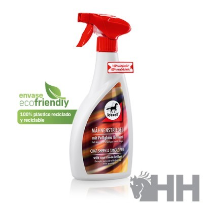 Frasco pulverizador com tampa vermelha e etiqueta de produto para cuidados de pelagem para cavalos