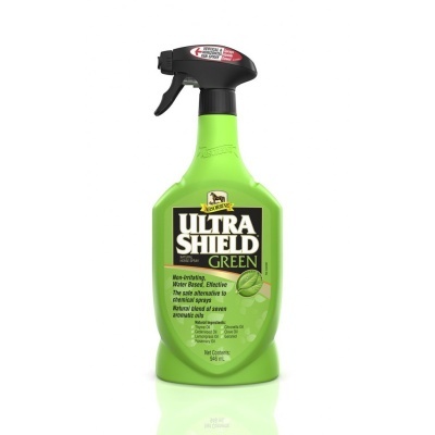 Frasco verde de plástico com pulverizador preto e rótulo ULTRA SHIELD GREEN