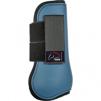 Protector para perna de cavalo azul com fechos de velcro e etiqueta HKM