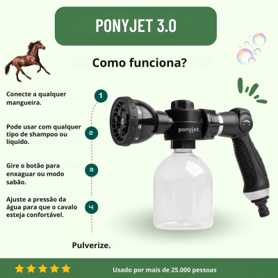 Pulverizador PonyJet 3.0 preto e branco com instruções de uso em português