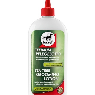 Frasco de Loção de Cuidados com Árvore do Chá Leovet para grooming de cavalo, com rótulo verde e vermelho.