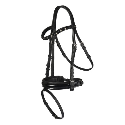 Enfiamento de cavalo preto em couro com acabamentos metálicos