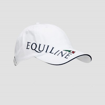 Boné branco com texto EQUILINE bordado em preto e detalhe colorido
