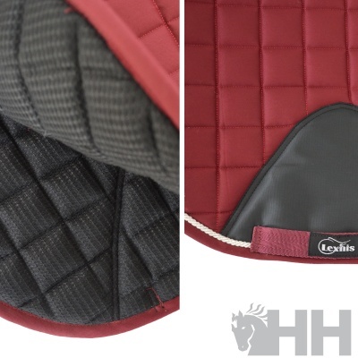 Tecido acolchoado vermelho e preto com etiqueta Lexhis em tecido sintético