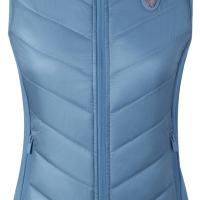 Colete feminino azul claro acolchoado com fecho de correr e patch no peito