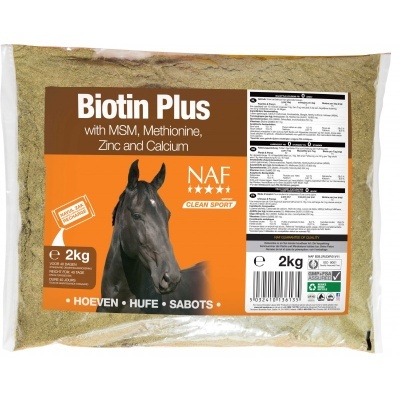 Pacote de suplemento Biotin Plus para cavalos com imagem de cavalo e rótulo laranja e branco