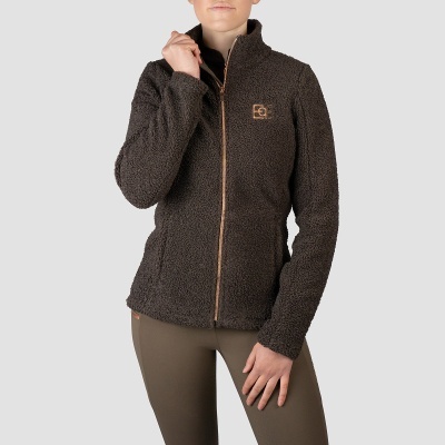 Casaco de malha felpuda castanha escuro com fecho castanho e logótipo no peito