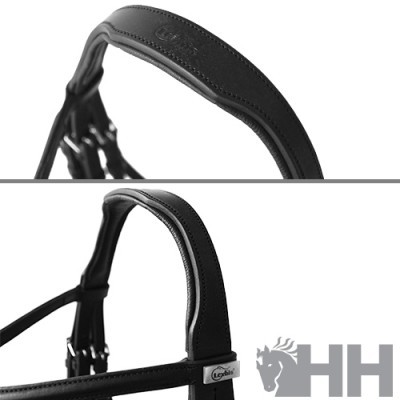 Peça de arreio de cavalo em couro preto com logo Logoté e logo HH