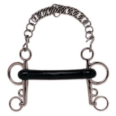 Freio metálico para cavalo com bocal preto e corrente prateada