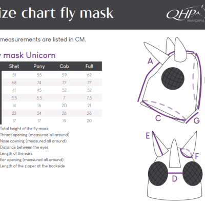 Tabela de tamanhos para máscara de voo Unicorn QHP com medições em centímetros