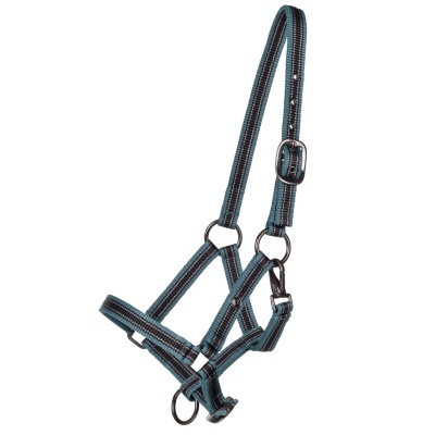 Cabresto azul e preto em tecido nylon com fivela e peças metálicas