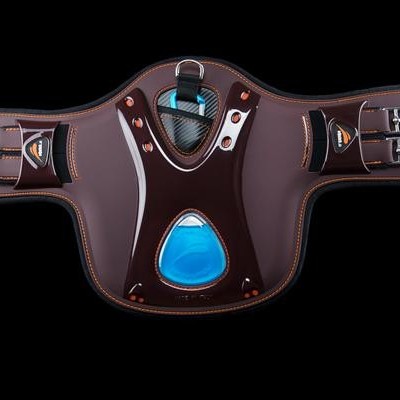 Protetores de couro castanho com detalhes azuis e pretos e fivelas metálicas