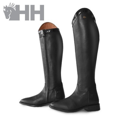 Botas altas pretas de equitação em couro com fivela e zíper, logótipo HH cinzento