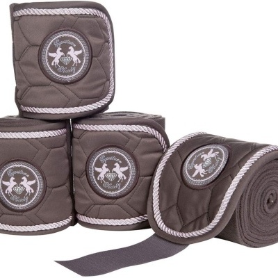 Conjunto de quatro bandagens equestres castanhas com remate branco e logótipo redondo