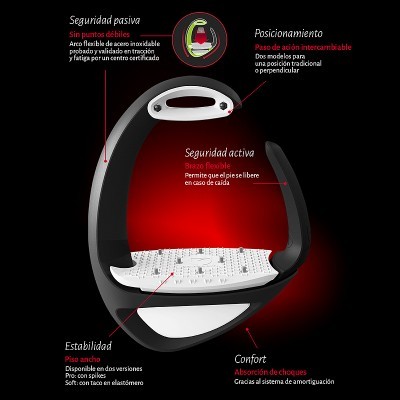 Estribo para equitação preto e branco com texto explicativo em espanhol