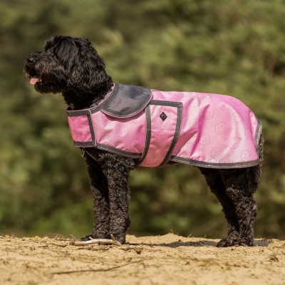 Cão preto com casaco impermeável rosa com carinhas sorridentes e detalhes cinza