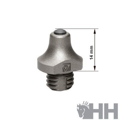 Peça metálica cinzenta com rosca e gravura, medida marcada 14 mm, fundo branco com logótipo HH