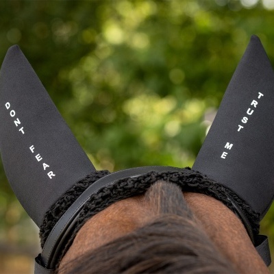 Touca preta para cavalo com orelhas pontiagudas e inscrições brancas