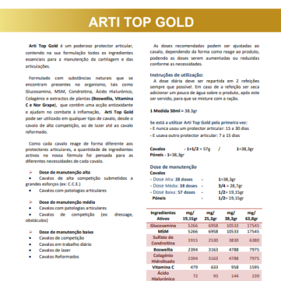 Ficha técnica do produto ARTI TOP GOLD da Equi Karma com informações sobre uso, ingredientes e dosagem