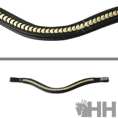 Fivela de couro preto com tachas douradas em fundo branco com logotipo HH cinza