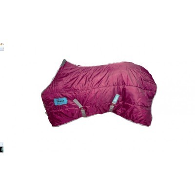 Manta para cavalo roxa acolchoada com fechos cinzentos e etiqueta azul