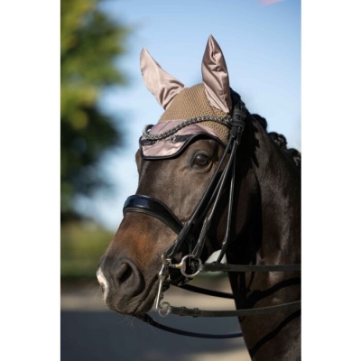 Cavalo castanho com bridão e bonnet bege e rosa em ambiente exterior