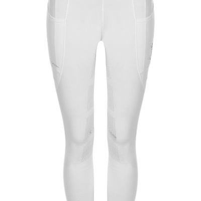 Calças compridas brancas de desporto com bolsos laterais e detalhes em padrão de pontos.