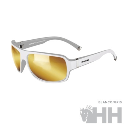 Óculos de sol com armação branca, lentes douradas espelhadas e detalhes cinzentos
