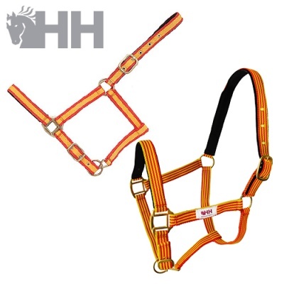 Dois cabrestos para cavalo com padrão de riscas e fivelas douradas