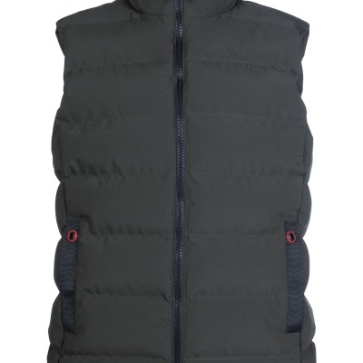 Colete acolchoado cinza-escuro com fecho de correr e bolsos frontais com ilhóses vermelhos