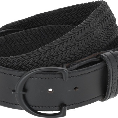 Cinto preto de pele e tecido com fivela preta arredondada