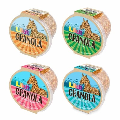 Quatro potes de granola Likit de diferentes sabores com rótulos coloridos e imagem de cavalo