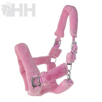 Cabresto rosa peludo para cavalo com fivelas metálicas