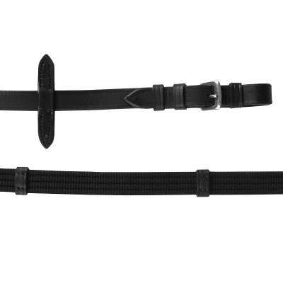 Cinto preto em pele com fivela prateada e parte têxtil trançada