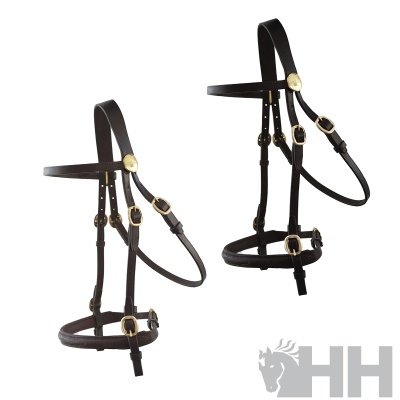 Dois cabrestos de cavalo em couro castanho escuro com fivelas douradas e peça decorativa redonda