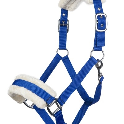 Cavalgadura azul com forro branco felpudo e fivelas de metal