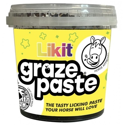 Recipiente amarelo com pasta para cavalos Likit Graze Paste e ilustração de zebra.