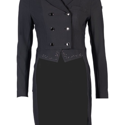 Vestido preto com parte superior tipo blazer e botões duplos prateados