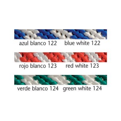 Três cordas trançadas em azul e branco, vermelho e branco, verde e branco com códigos e texto em espanhol e inglês.