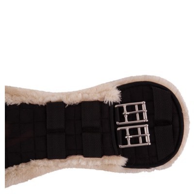 Manta ou correia para sela preta acolchoada com borda peluda bege e fivelas metálicas