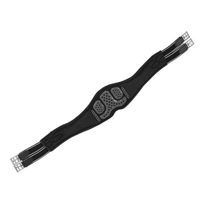 Cinta elástica preta com ganchos metálicos e zonas almofadadas perfuradas