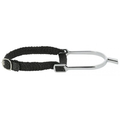 Estribo metálico prateado com correia de tecido preto trançado