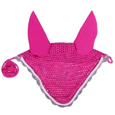 Touca de croché rosa para cavalo com orelhas e borda cinza