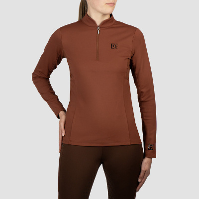 Roupa desportiva feminina castanha com fecho e logotipos pretos